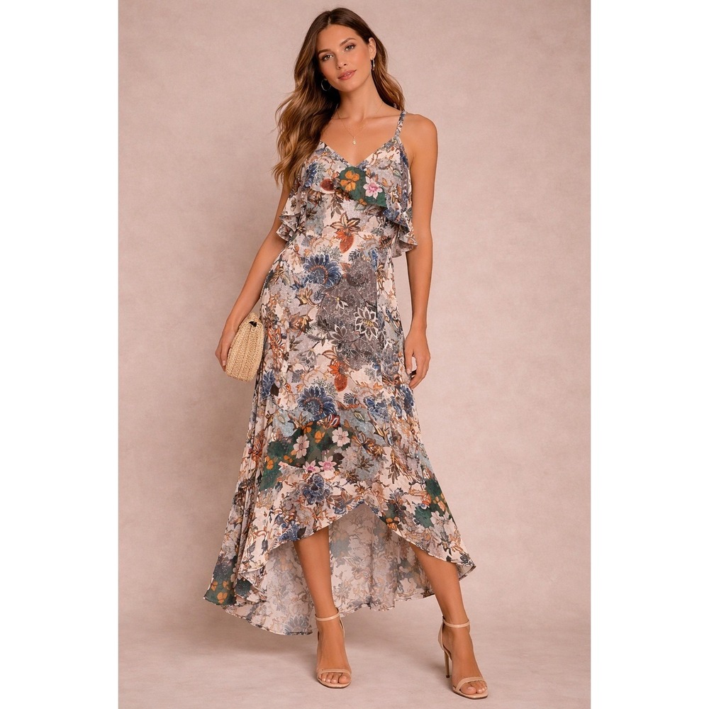 Rachel Roy Floral High Low Dress Ruffle Chiffon Boho‎ Romantic Cottagecore Sz 10